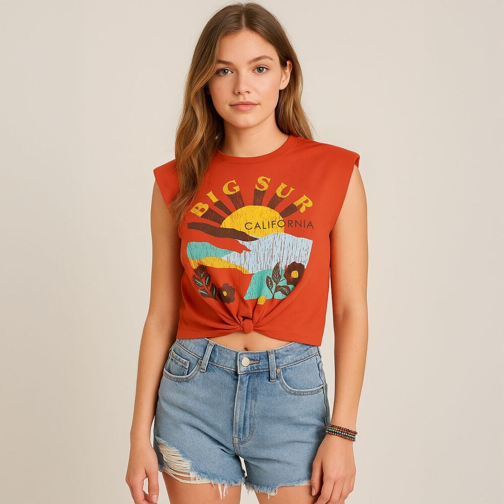 NWT Big Sur Tie Hem Padded Shoulder Print Crop T-Shirt Orange Sz XXS